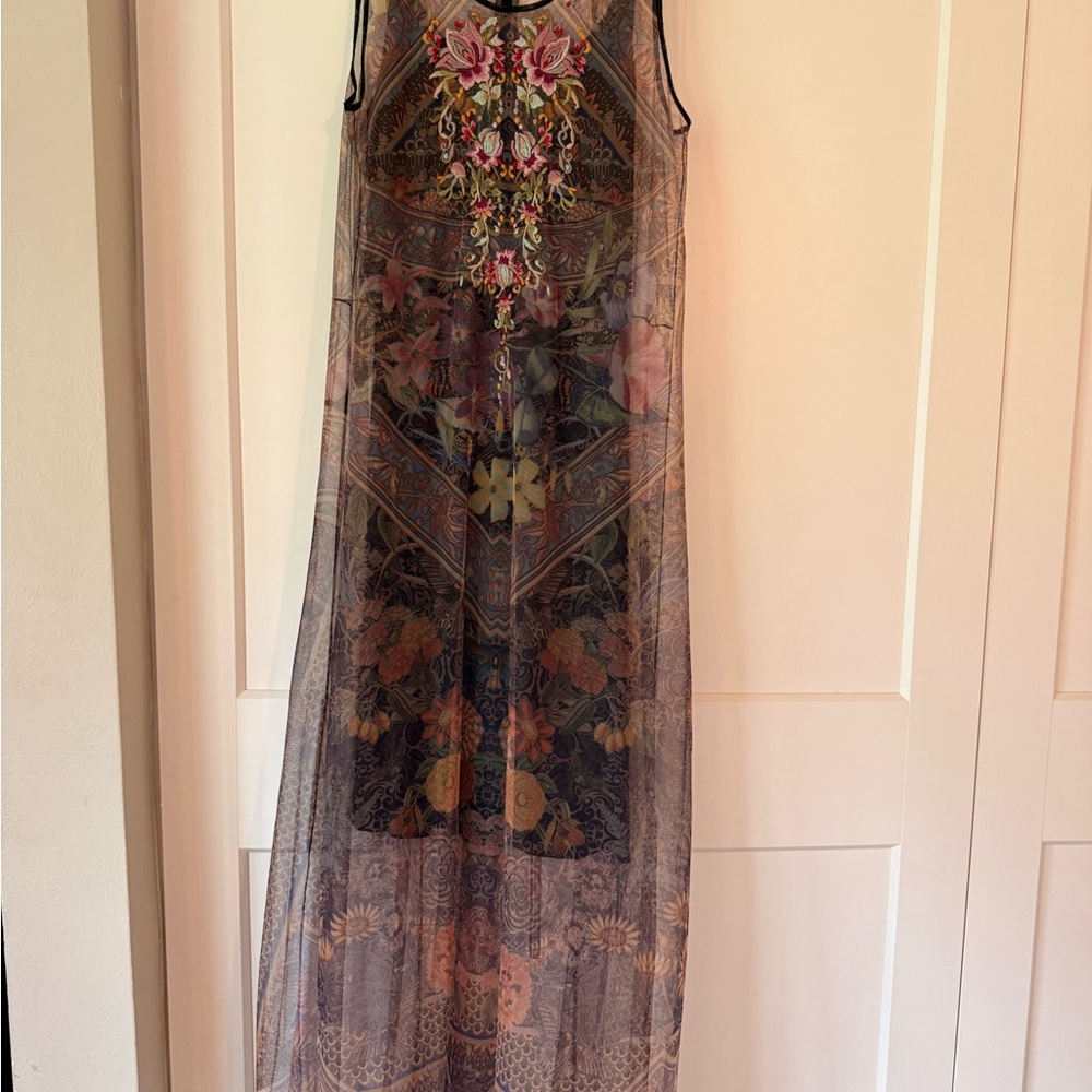 Johnny Was Black Sheer Floral Embroidered Maxi Dress with Pink Accents